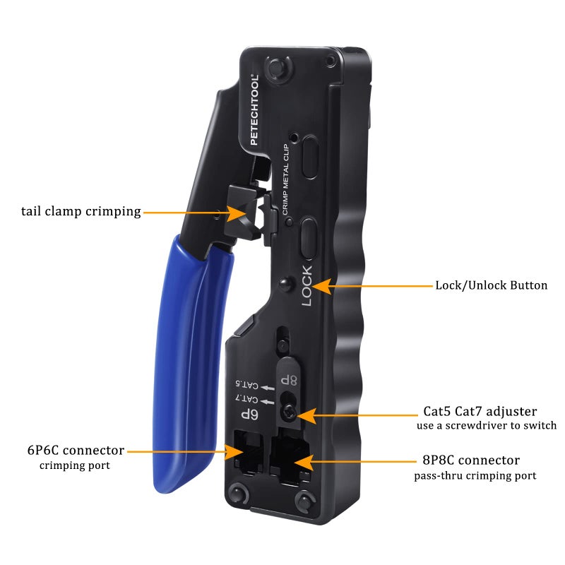 PETECHTOOL RJ45 Crimp Tool Ethernet Crimper for Cat7 Cat6A Cat5e Cat5 RJ45 Pass Through Connector and 6P Telephone Plug - Image 2